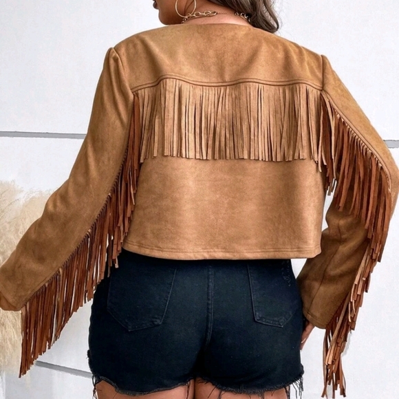 Plus Size Casual Short Fringe Trim Jacket, Suitable For Everyday Wear - Picture 2 of 5